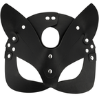 Vue de face du masque de chat noir en cuir végan avec oreilles pointues et rivets