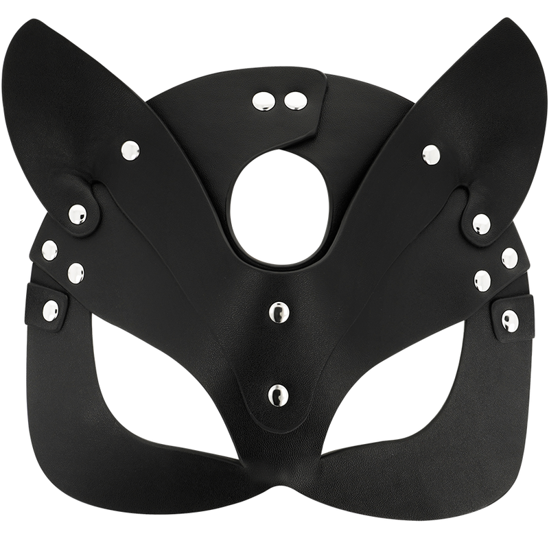 Vue de face du masque de chat noir en cuir végan avec oreilles pointues et rivets