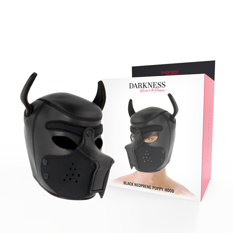 Masque puppy Darkness en néoprène noir avec museau amovible et boîte
