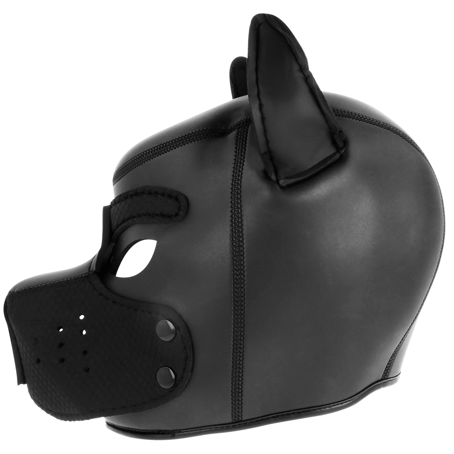 Vue de profil du masque puppy Darkness en néoprène noir