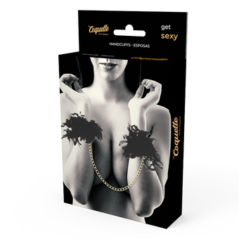 Menottes de luxe à plumes noires et chaîne dorée – Coquette Chic Desire