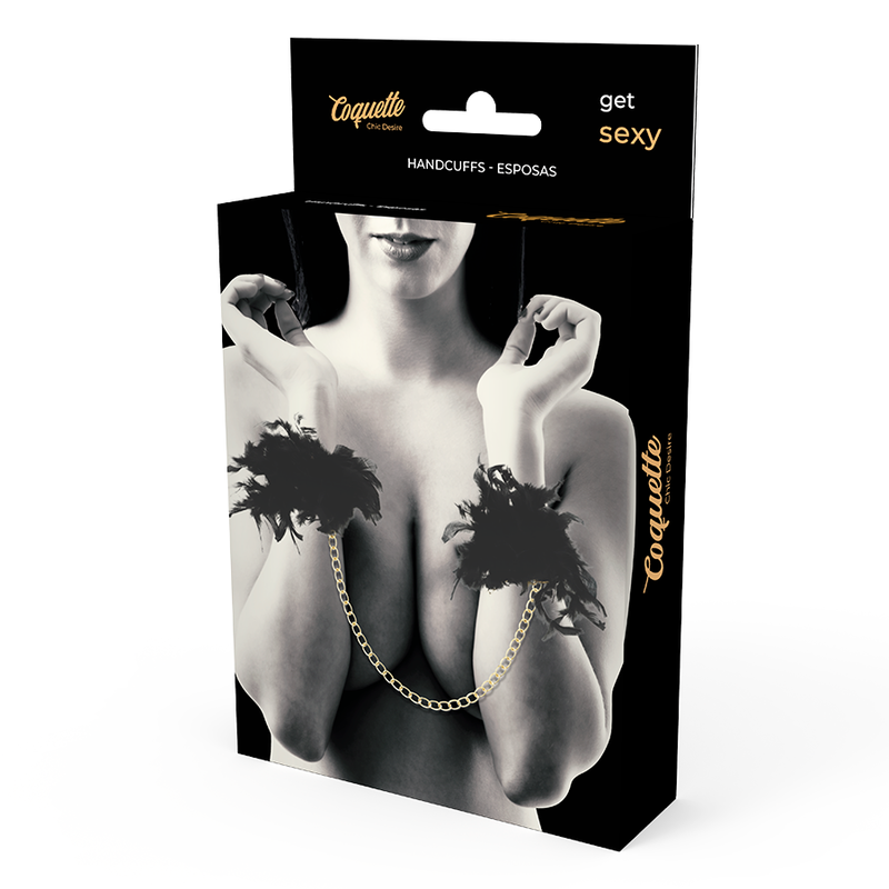 Emballage Coquette Chic Desire des menottes de luxe à plumes noires et chaîne dorée