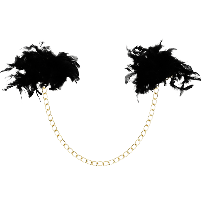 Menottes de luxe Coquette Chic Desire à plumes noires reliées par une chaîne dorée, sur fond blanc