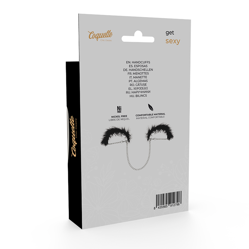 Dos de l'emballage des menottes Fetish Deluxe avec informations et code-barres