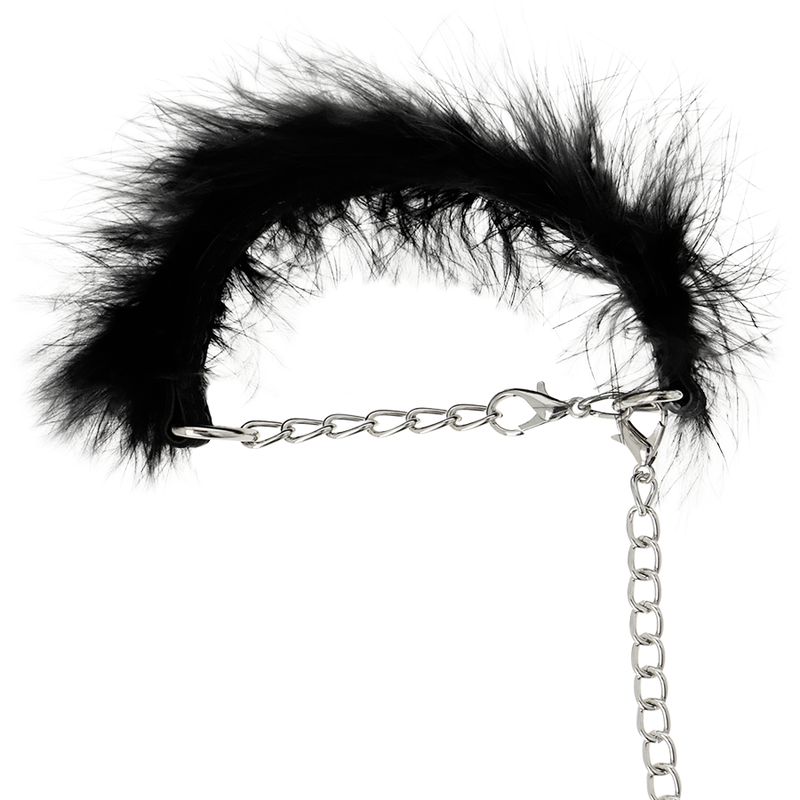 Menottes Fetish Deluxe Coquette Chic Desire à plumes noires et chaîne argentée, avec emballage