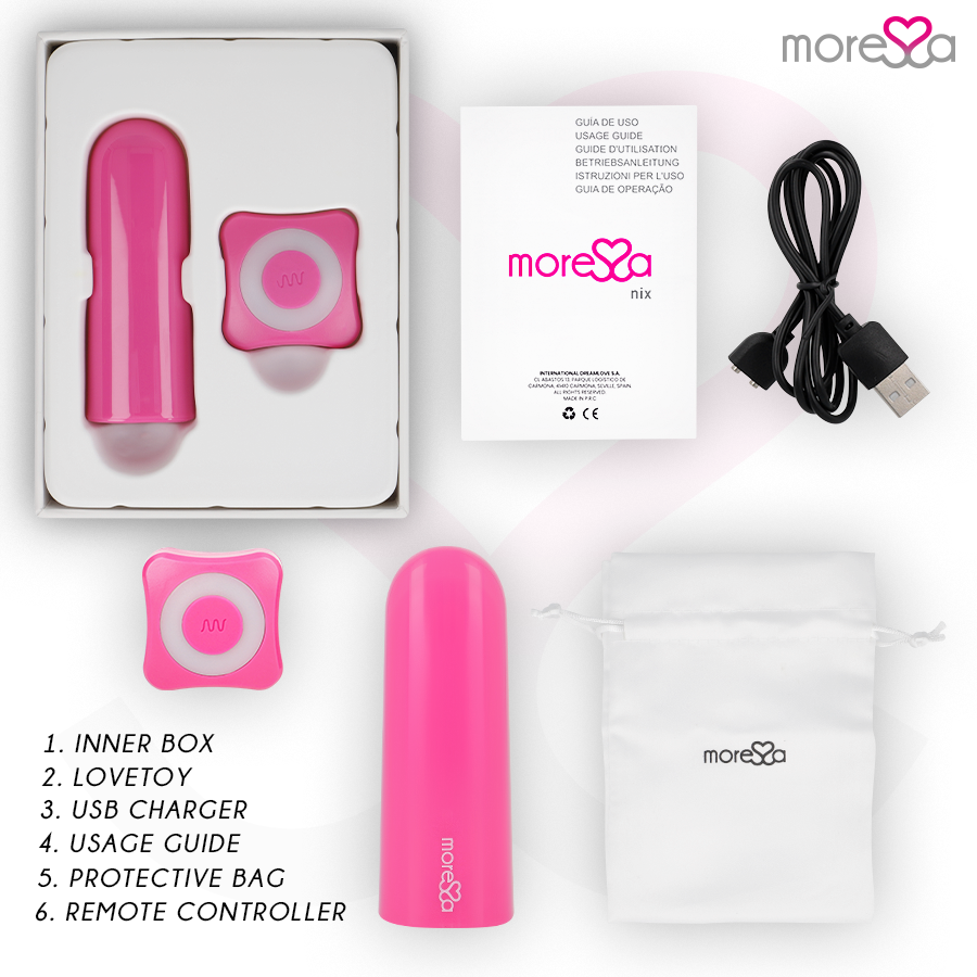 Moressa Nix rose – contenu du coffret avec télécommande câble USB et pochette