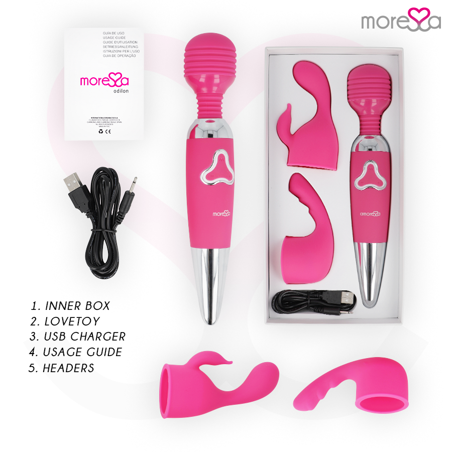 Contenu du coffret Odilon Moressa avec vibromasseur, deux embouts, câble USB et guide