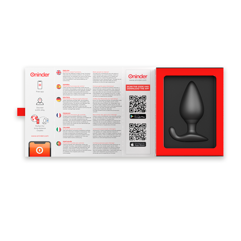 Coffret ouvert du plug anal vibrant Oninder Rio avec application mobile