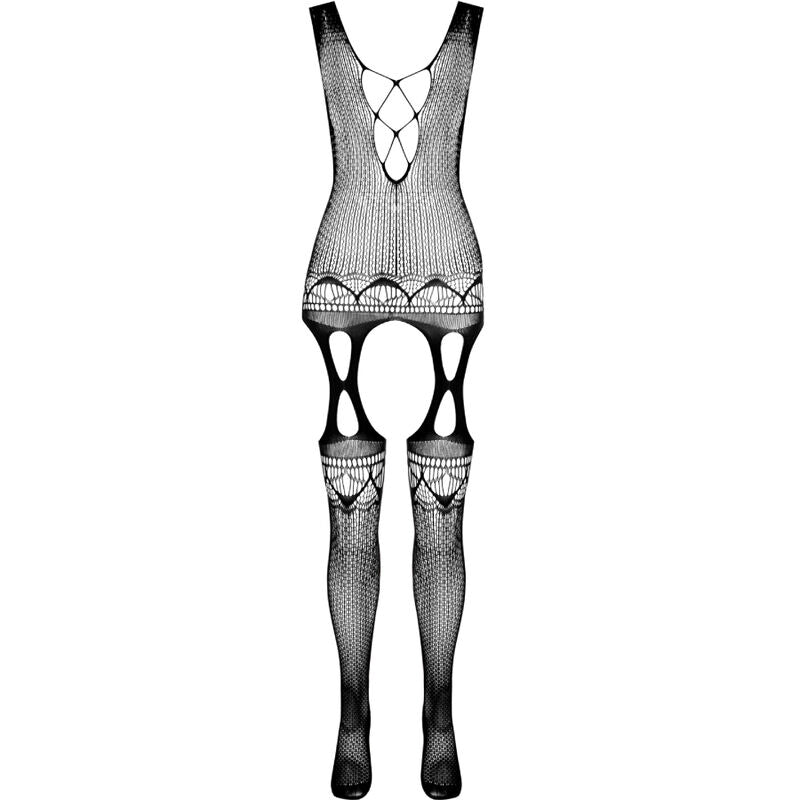 Body résille intégral noir Passion BS099 présenté seul avec ouvertures et bas intégrés
