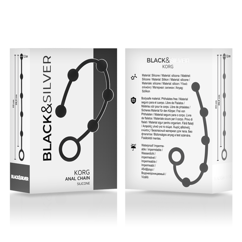 Emballage avant et arrière des perles anales Korg Black & Silver