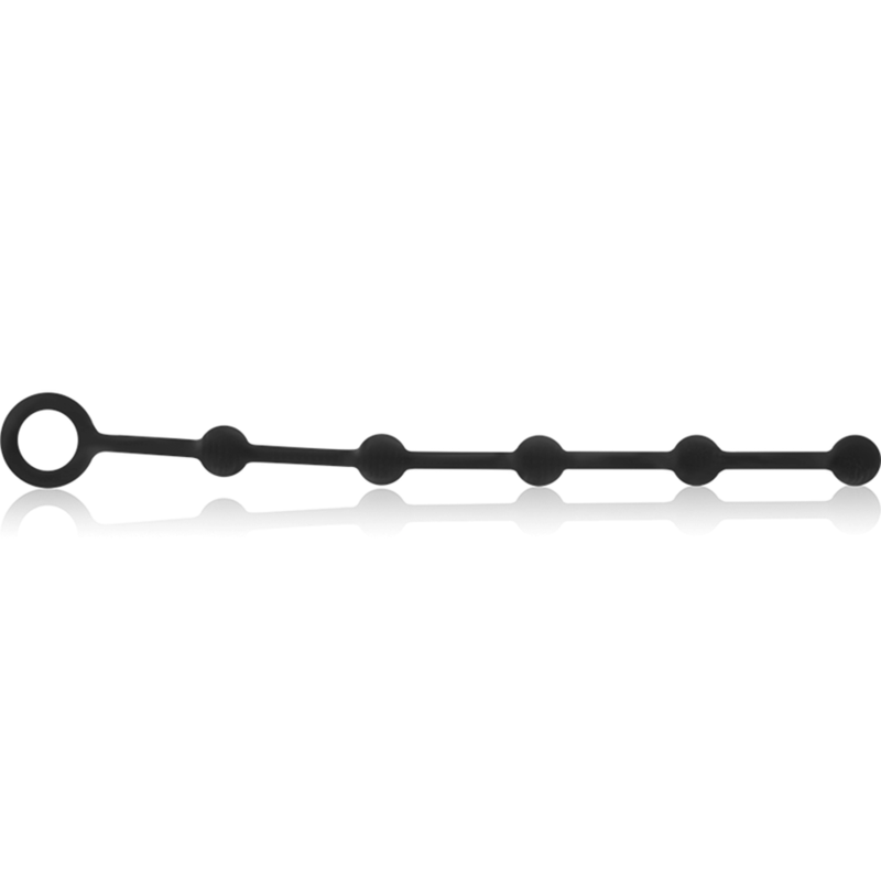 Vue complète des cinq perles anales Korg avec anneau de retrait
