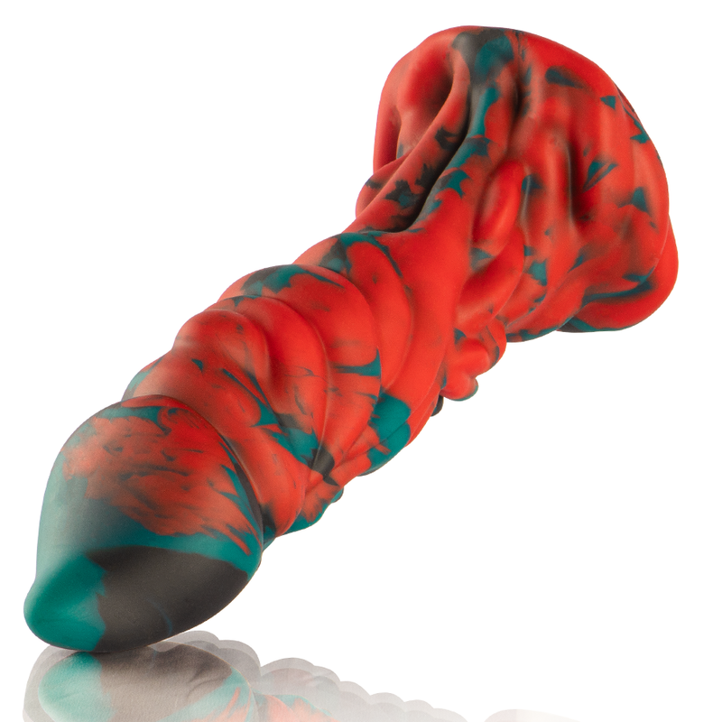Phobos Epic – vue inclinée du gode fantasy texturé rouge noir turquoise