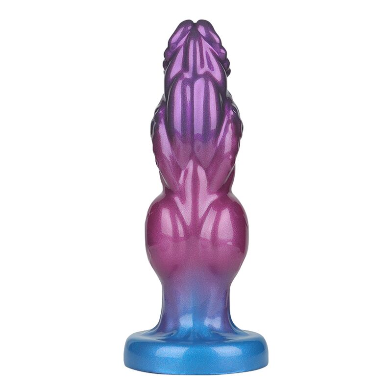 Rift Titan Power Monsters, gode fantasy gonflable bicolore violet et bleu en silicone, vue principale