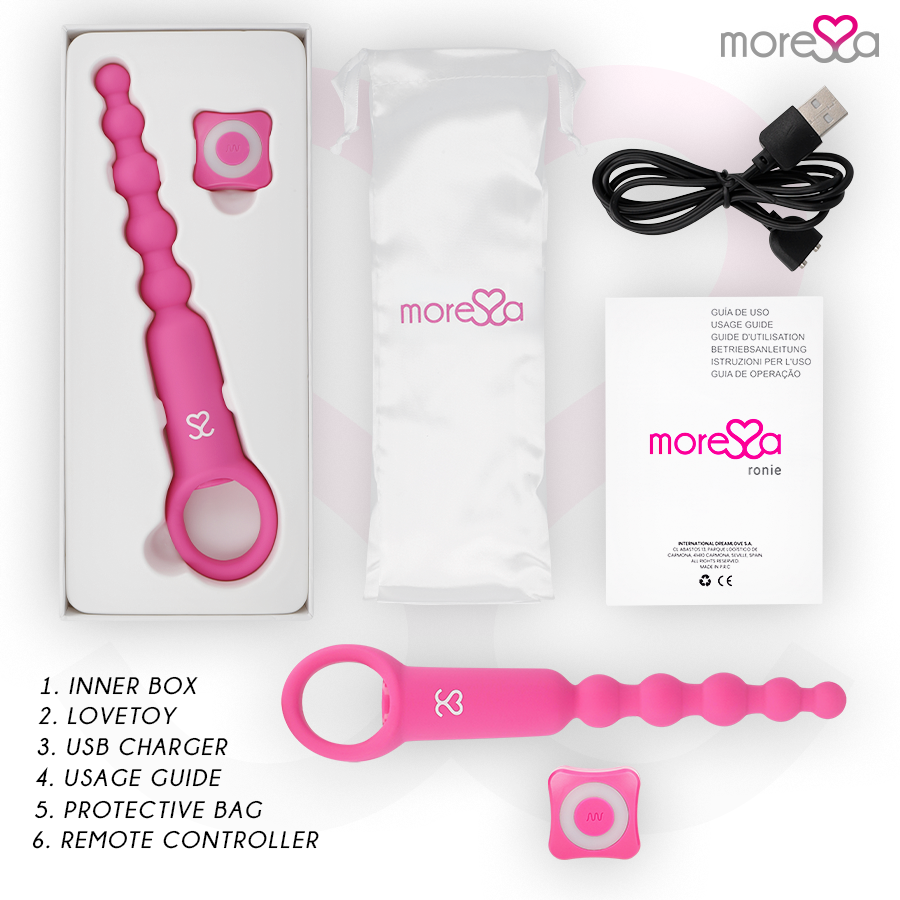 Contenu du coffret Ronie Moressa : perles anales vibrantes, télécommande, câble USB, pochette et guide