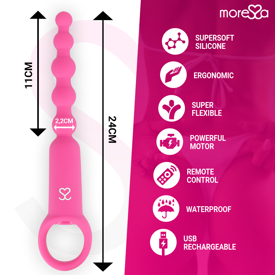 Dimensions et fonctions des perles anales vibrantes Ronie Moressa : 24 cm, silicone souple et télécommande