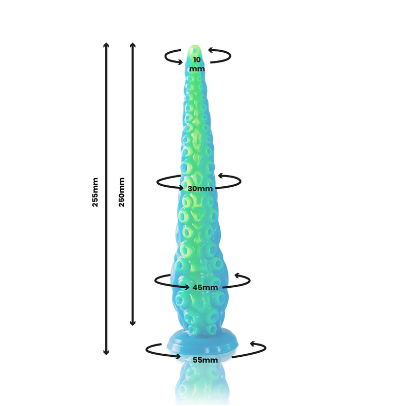 Dimensions du Scylla Epic fluorescent petite taille : 25,5 cm de long, 25 cm insérables et base 55 mm