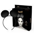 Serre-tête noir à oreilles de souris en cuir végan présenté devant son emballage Coquette Chic Desire