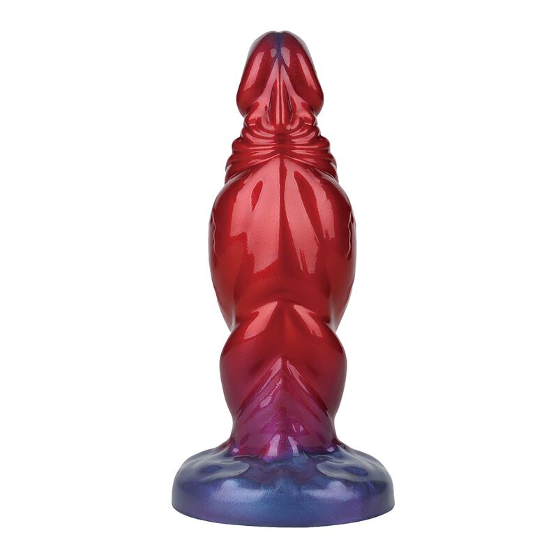 Vue arrière du gode fantasy gonflable Shadow Behemoth rouge et bleu