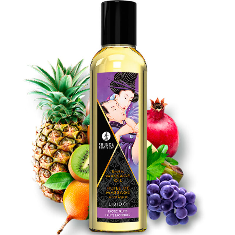 Présentation des trois produits du coffret Shunga Baisers Fruités devant leur boîte cadeau