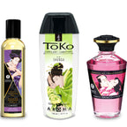 Huile de massage Libido, lubrifiant Toko et huile chauffante Raspberry Feeling du coffret Shunga