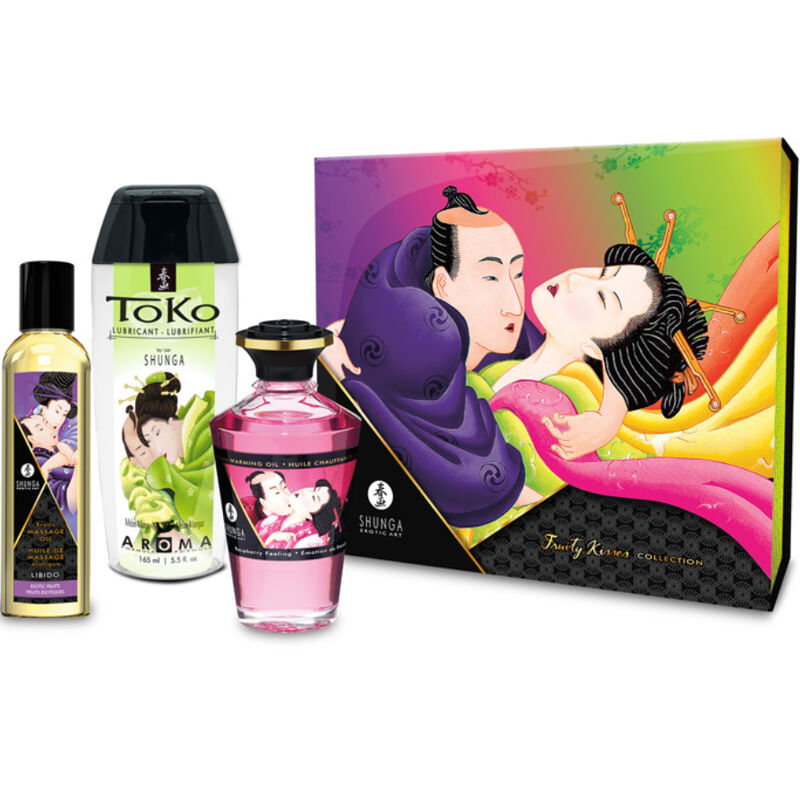 Coffret Shunga Baisers Fruités et ses trois flacons sur fond blanc