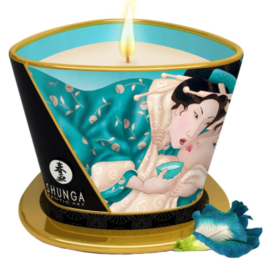 Bougie de massage Shunga Fleurs des Îles 170 ml, pot turquoise et noir à bord doré, avec fleur bleue