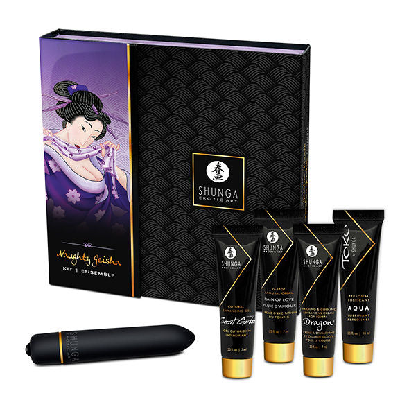 Kit Shunga Geisha Coquinée en coffret avec balle vibrante noire et quatre cosmétiques