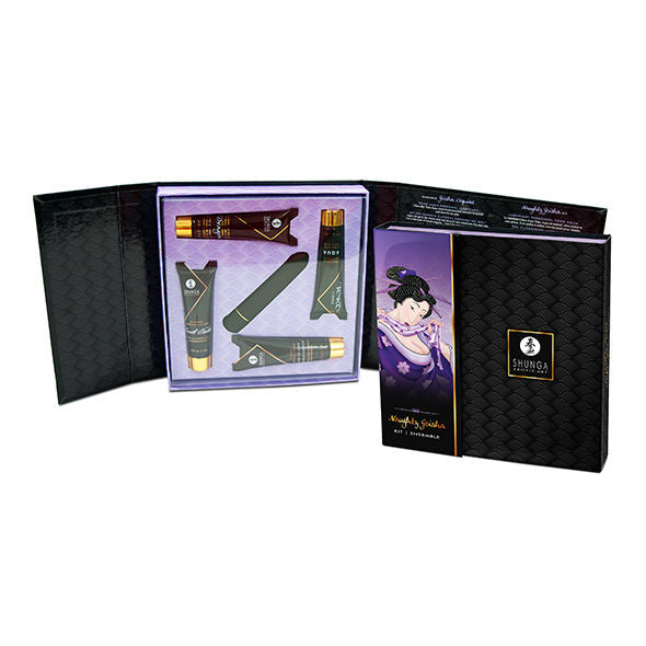 Coffret Geisha Coquinée ouvert avec les cinq éléments dans leur écrin