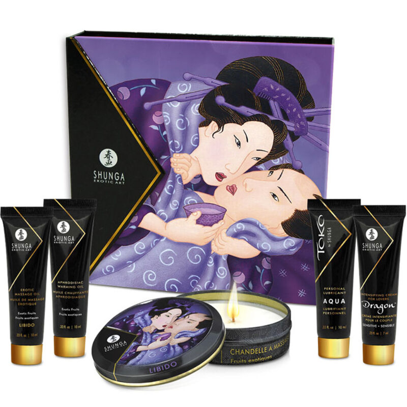Coffret Shunga Secret Geisha Fruits Exotiques avec cinq miniatures de soin et bougie