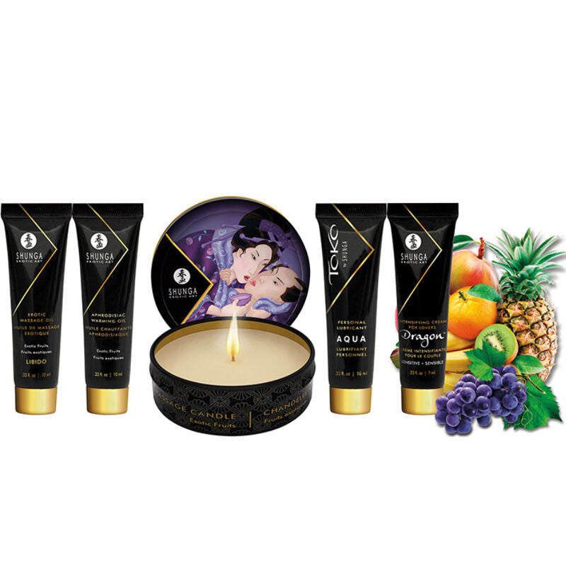 Les cinq soins du coffret Geisha Fruits Exotiques avec bougie et fruits