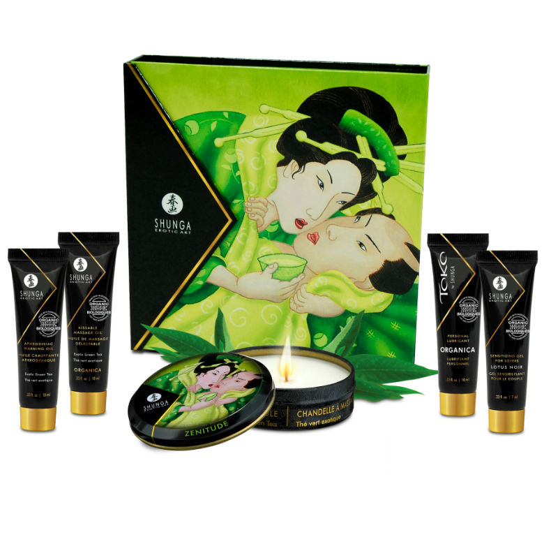 Coffret Shunga Geisha Organica Thé Vert avec bougie et quatre soins miniatures