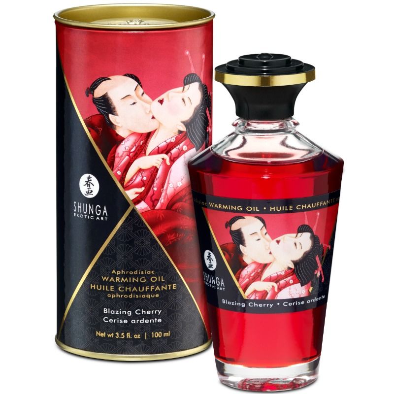 Huile de massage chauffante Shunga Cerise Ardente 100 ml avec flacon rouge et étui