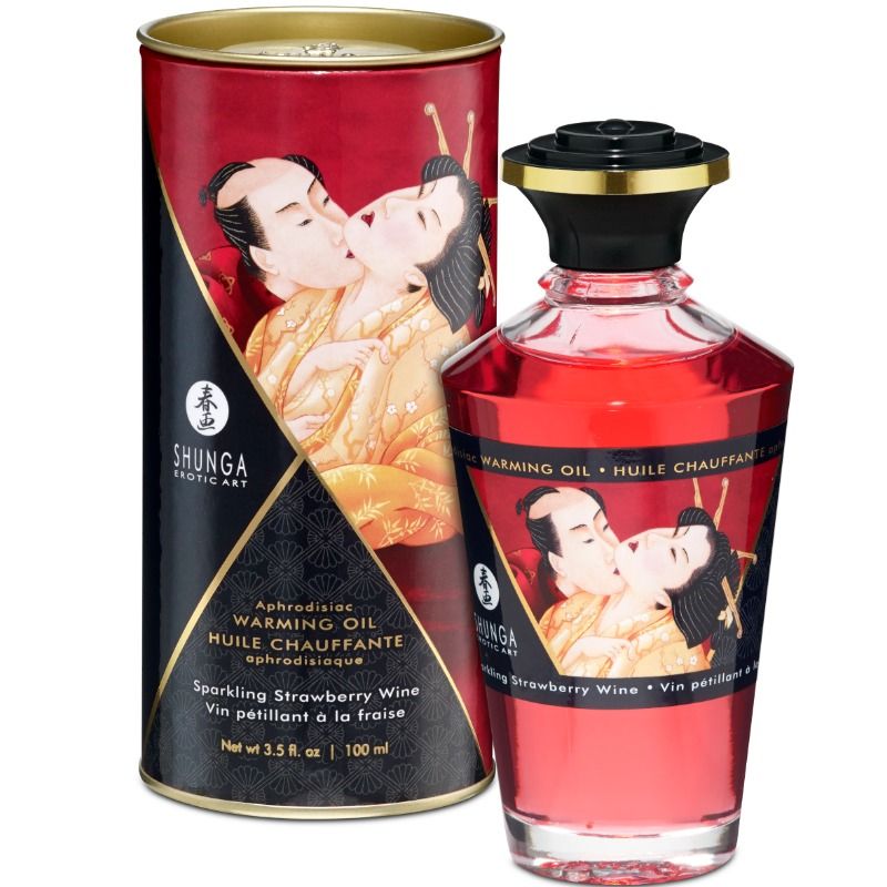 Huile de massage chauffante Shunga Fraises et Cava 100 ml avec flacon rose et étui