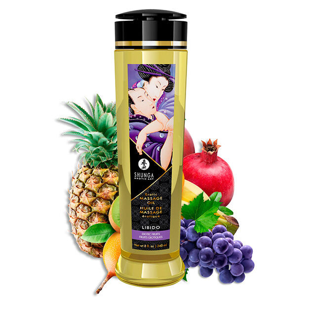 Huile de massage Shunga Libido 240 ml, flacon avec ananas, grenade et raisin