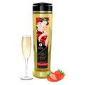 Huile de massage Romance Fraise et Cava 240 ml Shunga avec fraises et flûte de vin pétillant
