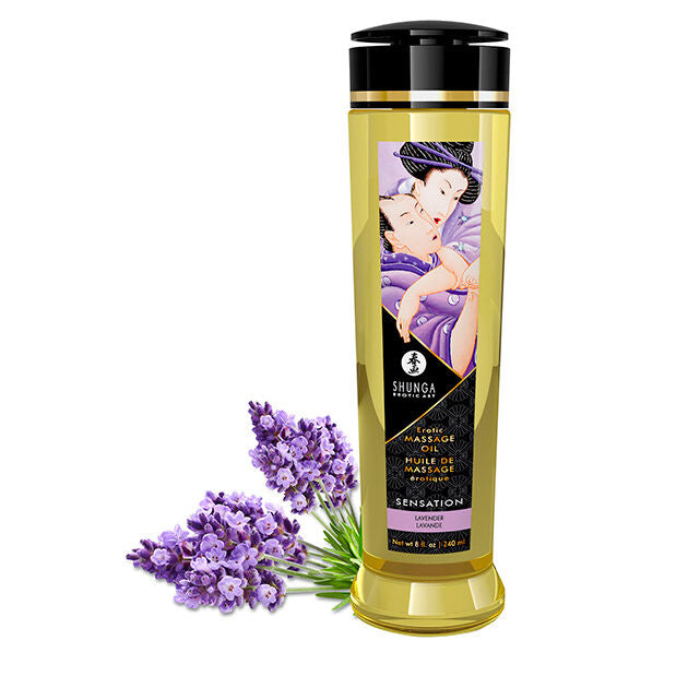Huile de massage Sensation Lavande 240 ml Shunga avec fleurs de lavande