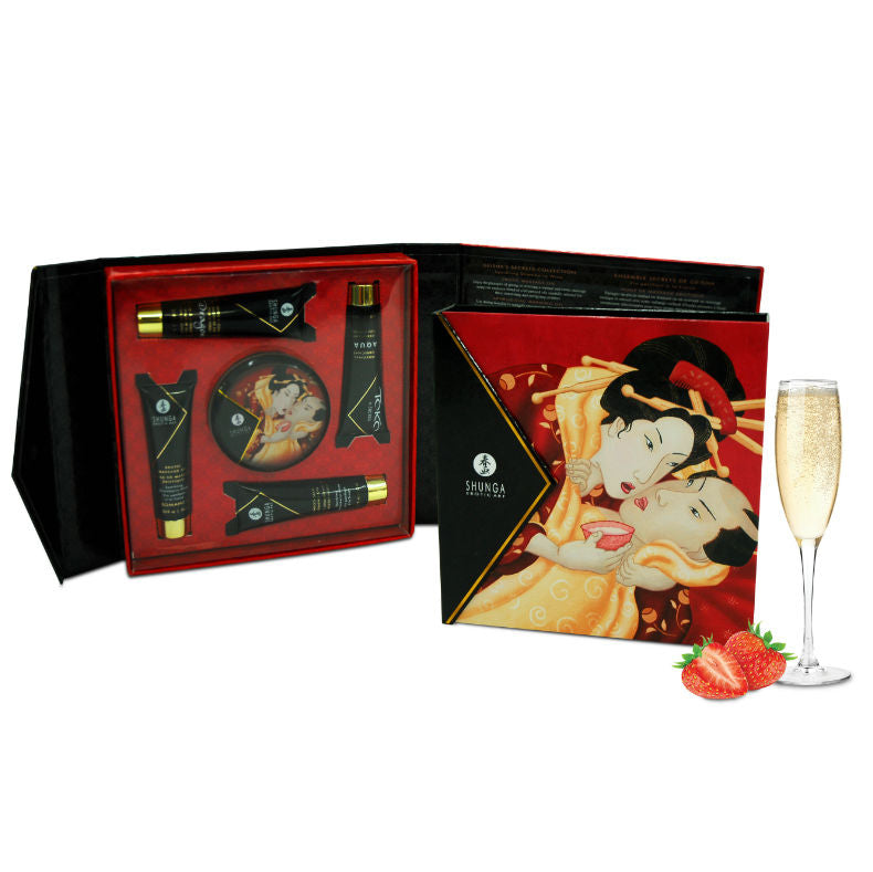 Coffret ouvert Shunga Geisha Secrets présentant les cinq produits inclus