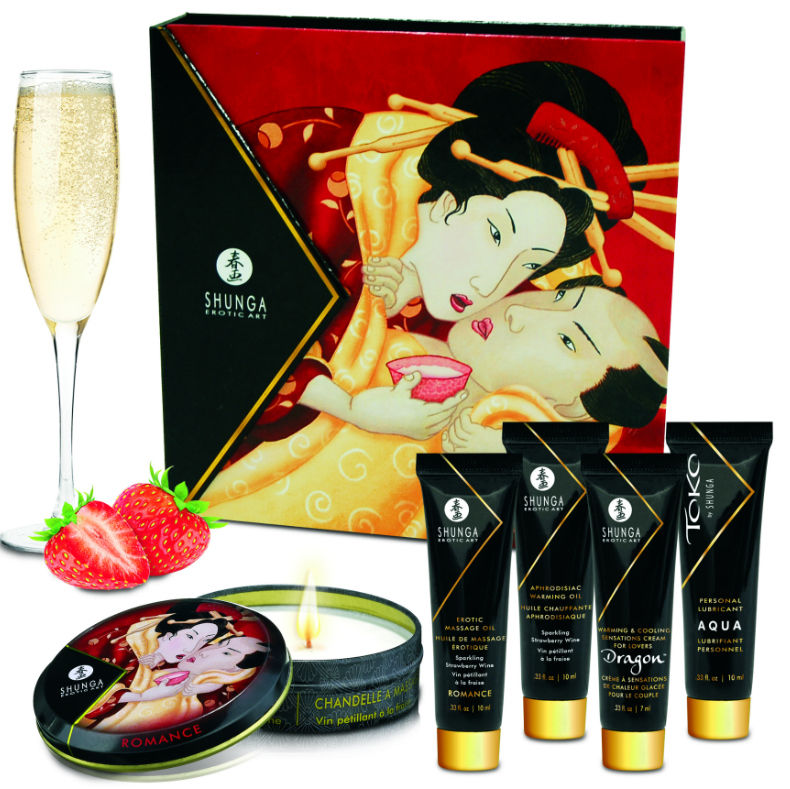 Coffret Shunga Fraises et Cava avec bougie Romance et miniatures de massage