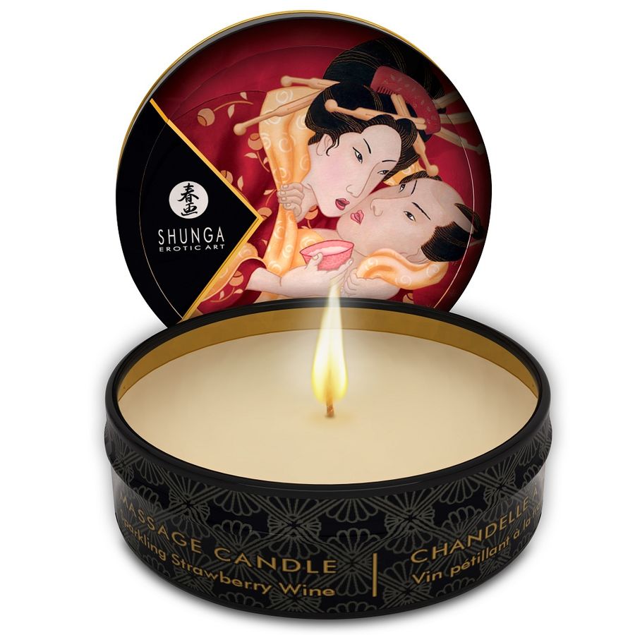 Mini bougie de massage Shunga Fraises & Cava 30 ml, pot rond noir et doré avec couvercle illustré