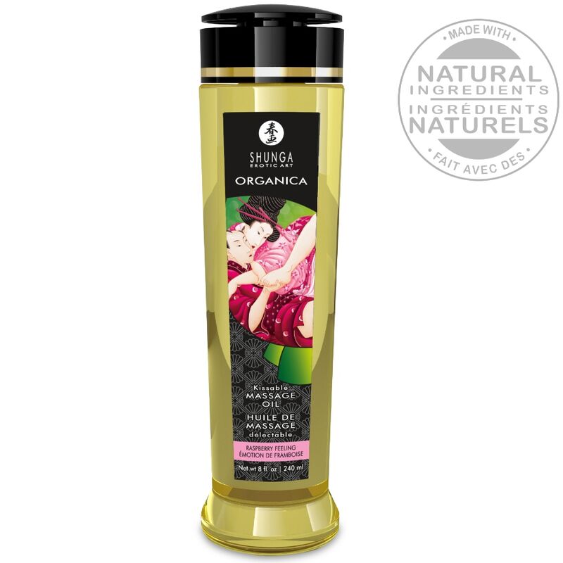 Huile de massage Organica Framboise 240 ml Shunga avec mention ingrédients naturels