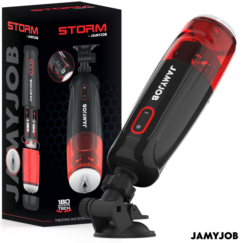 Storm Jamyjob masturbateur automatique noir et rouge avec coffret et support ventouse