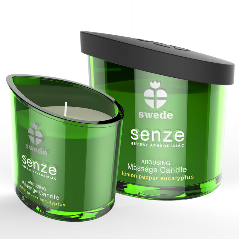 Bougie de massage Swede Senze Citron Poivre Eucalyptus 50 ml, pot vert transparent avec couvercle noir et mèche visible