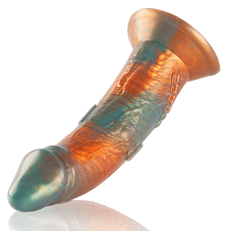 Talos Epic – gode fantasy souple et texturé orange et turquoise avec ventouse, vue inclinée