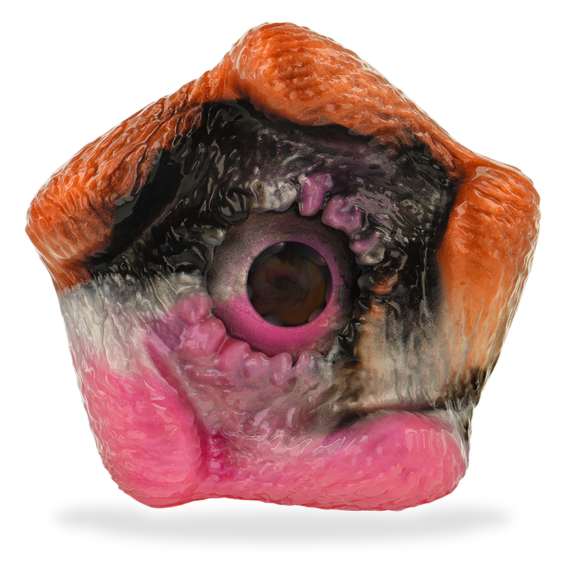 Vue de face du masturbateur Telemus Cyclops Epic avec ouverture sculptée de 150 mm et finition rose, orange, noir et argent