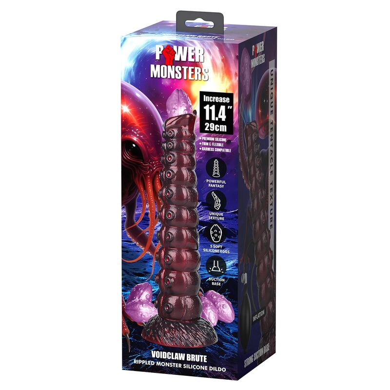 Emballage Power Monsters Voidclaw Brute indiquant 29 cm, silicone premium, texture unique et 5 œufs souples