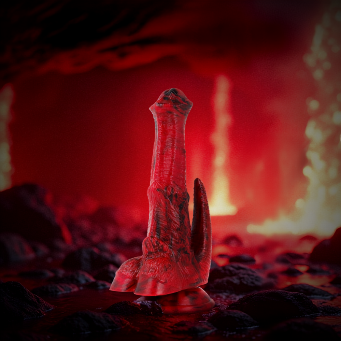 Vulcanus Dragon de la Nuit Epic – gode fantasy rouge et noir 19,5 cm avec ventouse dans un décor volcanique